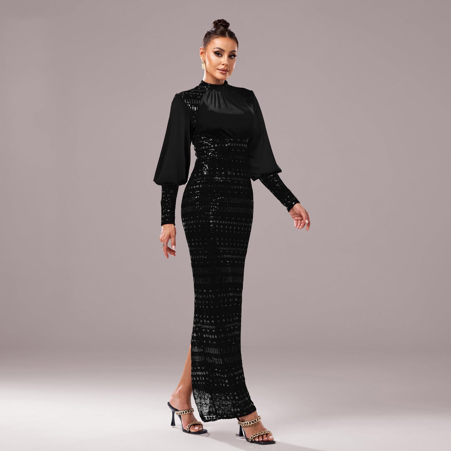 Women's Long Sleeve Round Neck Sequined Evening Dress
