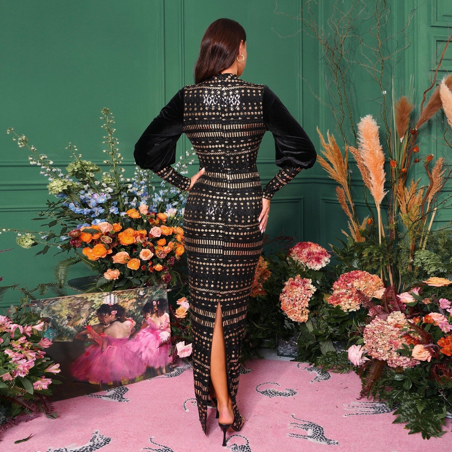 Women's Long Sleeve Round Neck Sequined Evening Dress