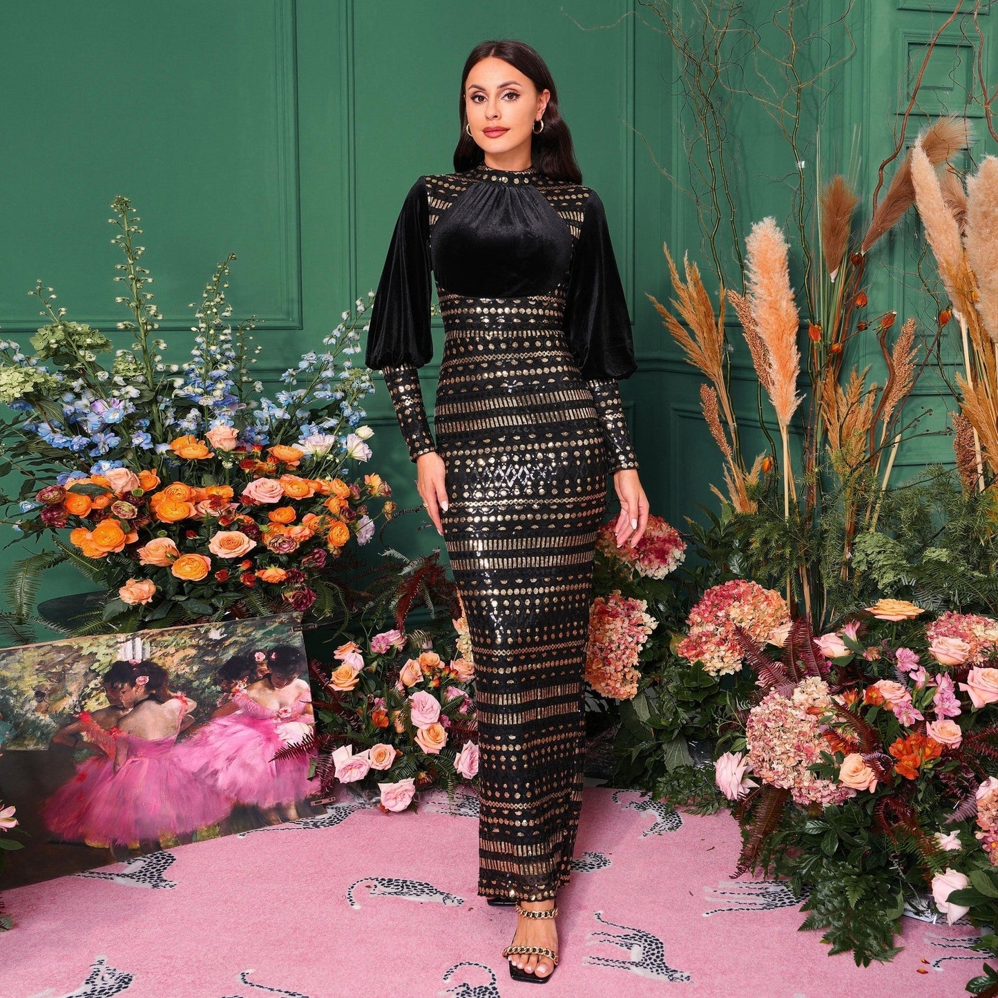 Women's Long Sleeve Round Neck Sequined Evening Dress
