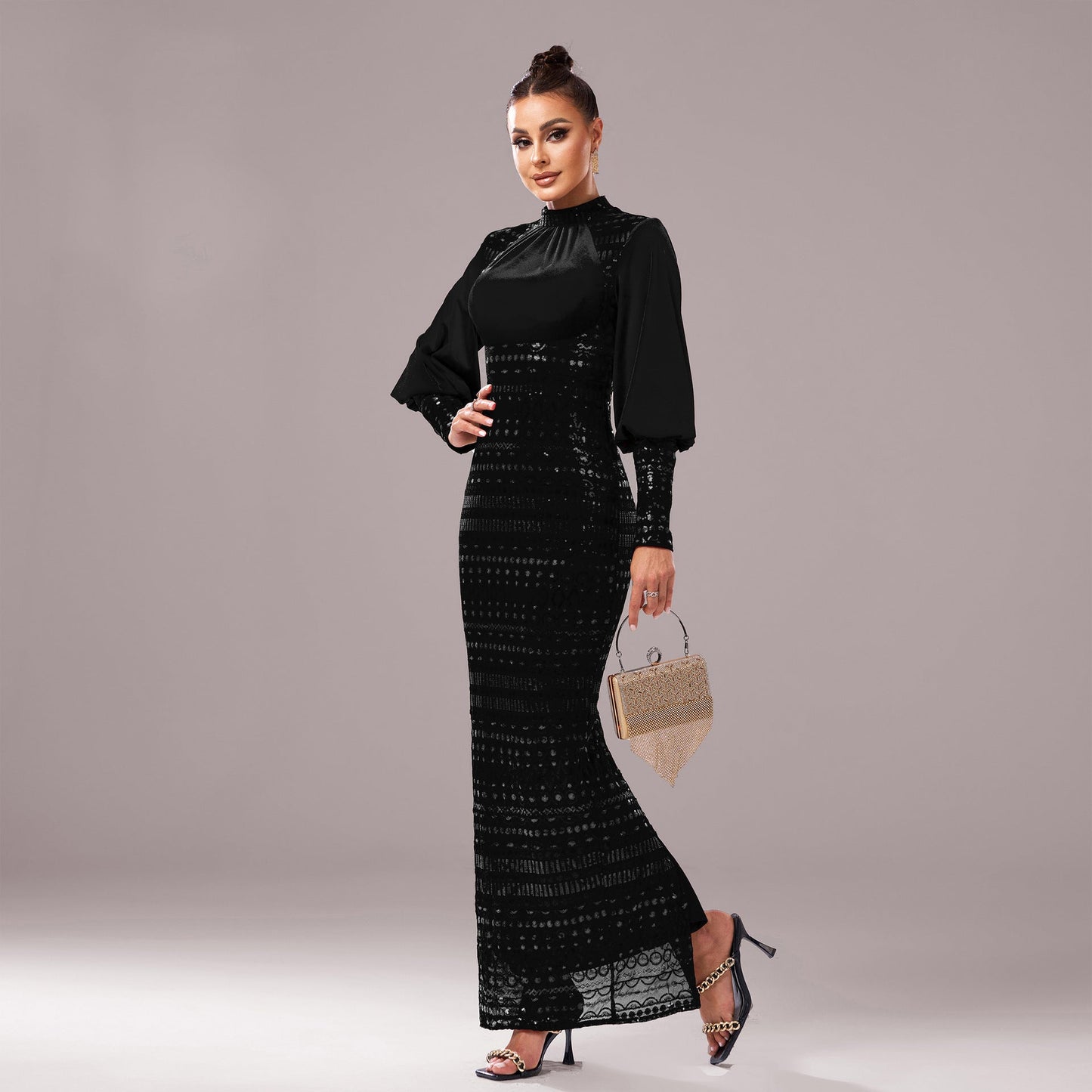 Women's Long Sleeve Round Neck Sequined Evening Dress