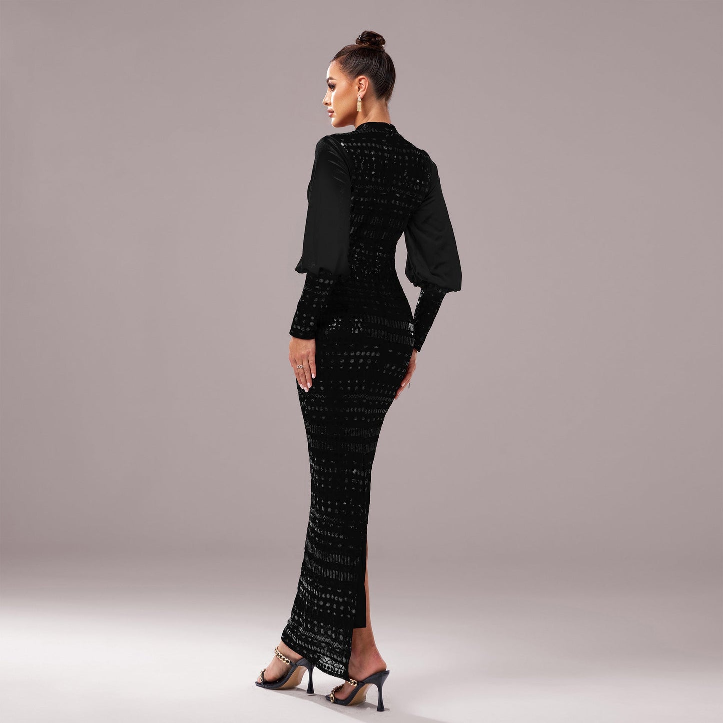 Women's Long Sleeve Round Neck Sequined Evening Dress