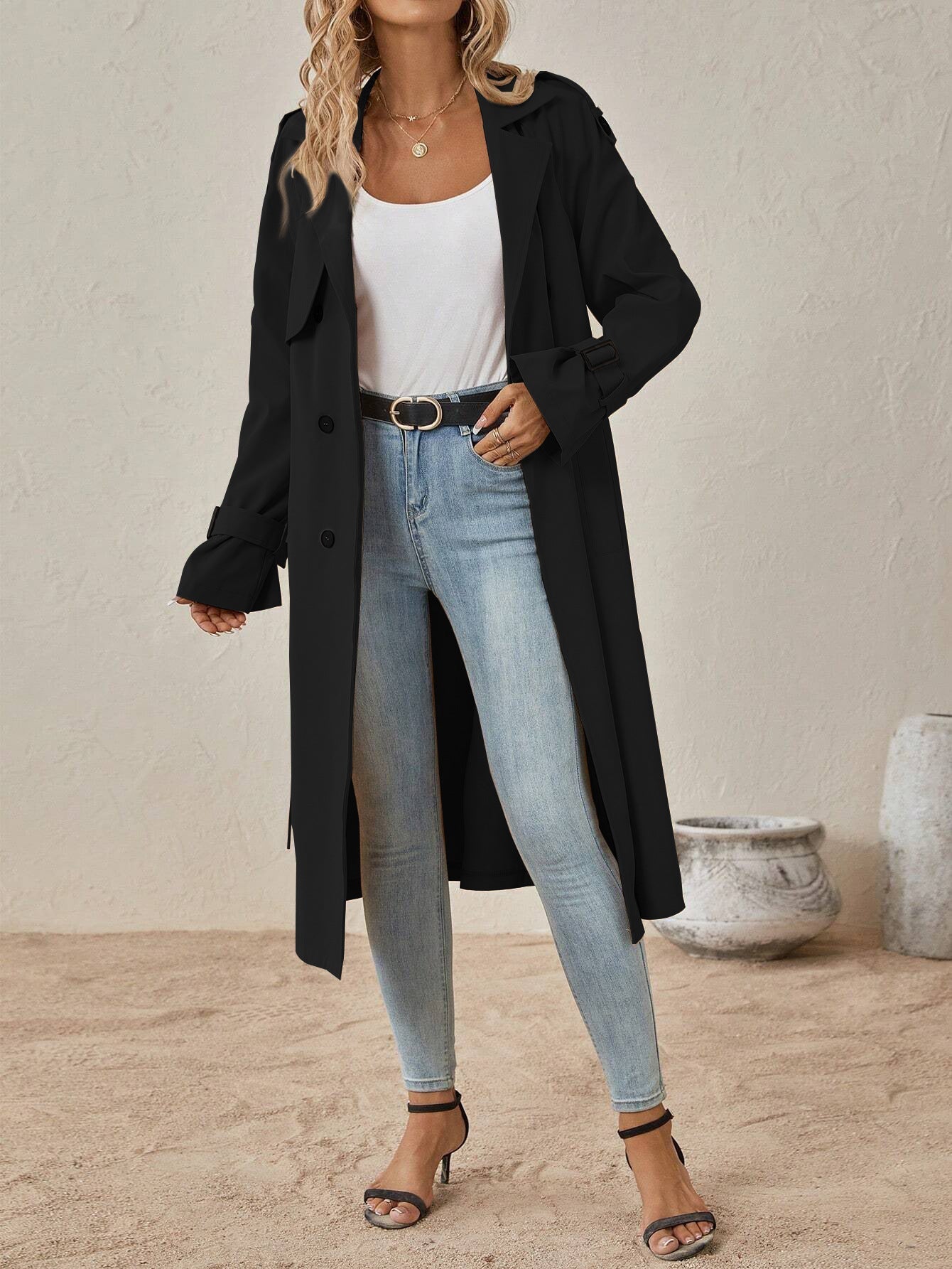 Belted Trench Coat with Shoulder Strap