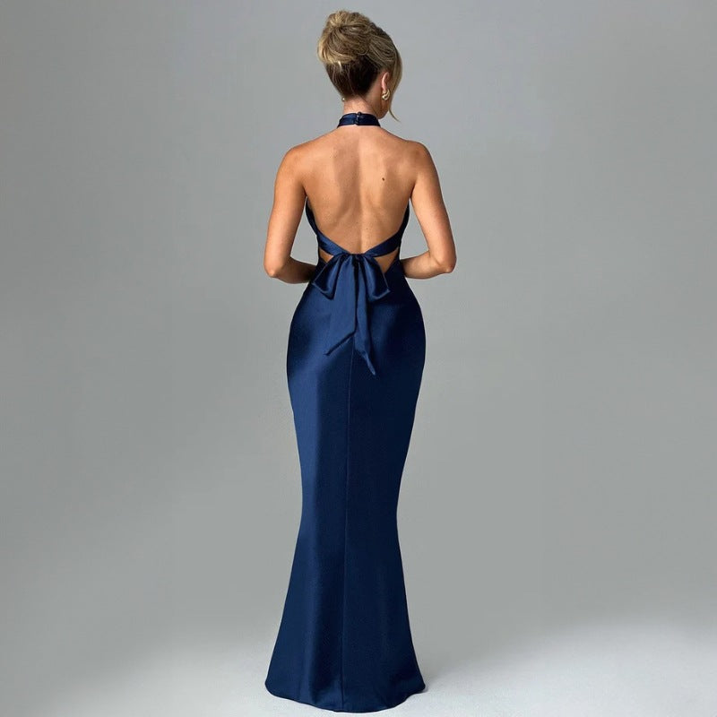 Women's Backless Polyester Blend Long Dress