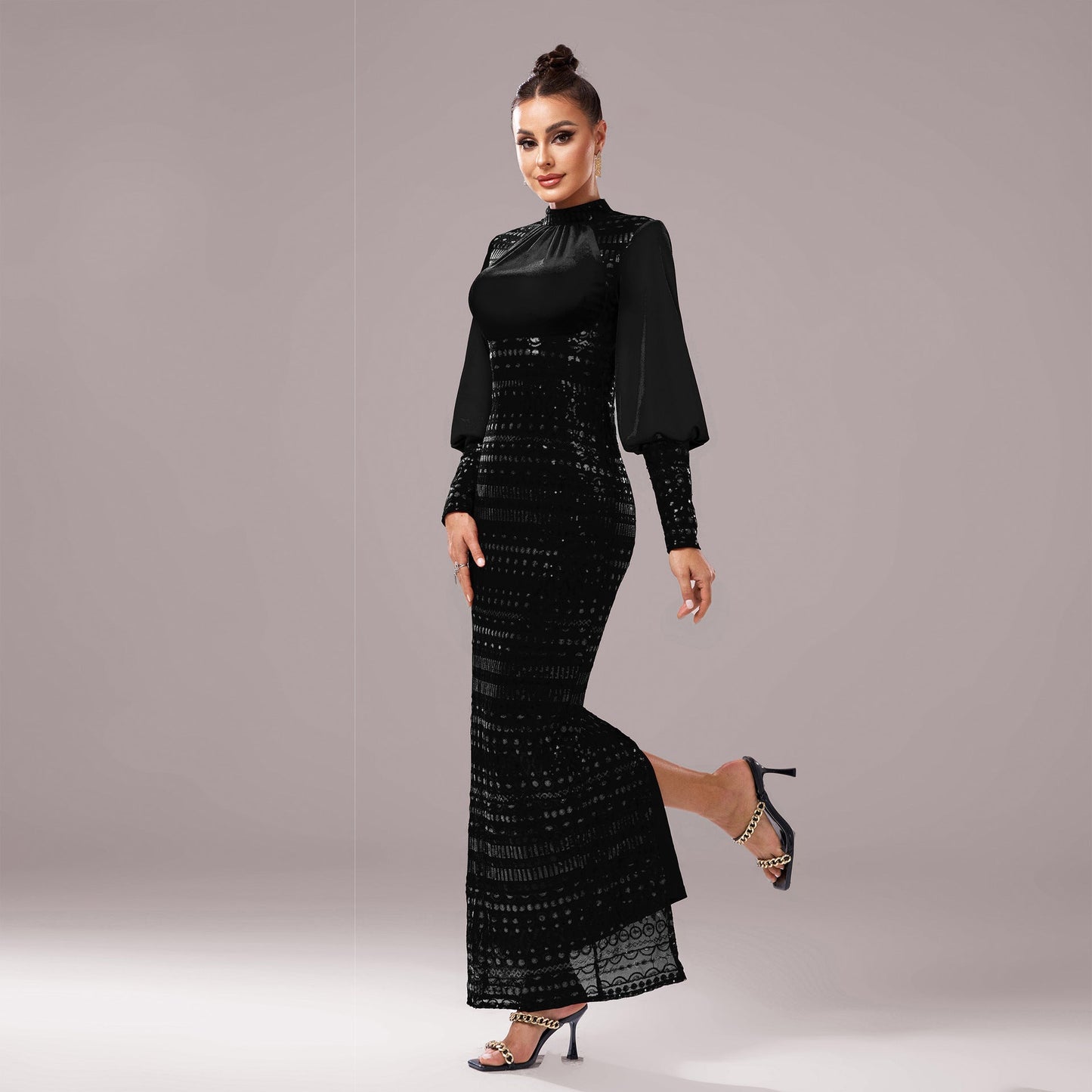 Women's Long Sleeve Round Neck Sequined Evening Dress