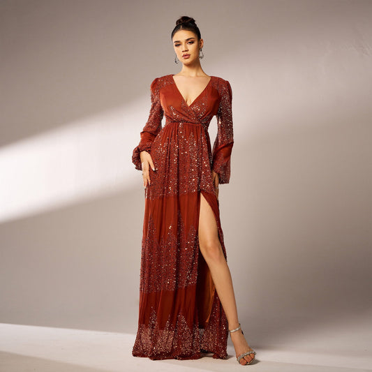 Women's Long Sleeve V-Neck Evening Dress