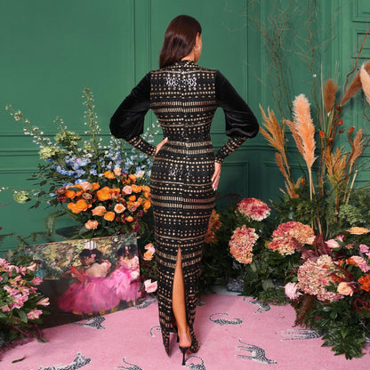Women's Long Sleeve Round Neck Sequined Evening Dress