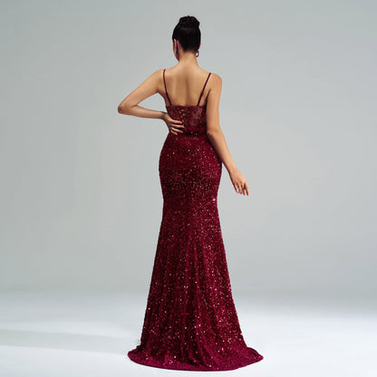 Women's Spaghetti Strap Sequined Evening Dress