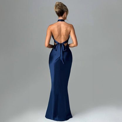 Women's Backless Polyester Blend Long Dress