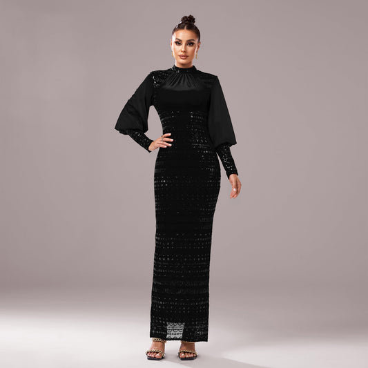Women's Long Sleeve Round Neck Sequined Evening Dress