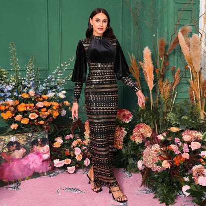 Women's Long Sleeve Round Neck Sequined Evening Dress