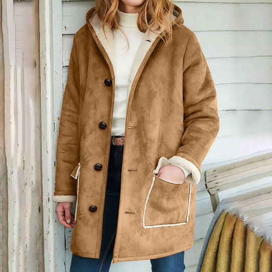 Retro Suede Hooded Coat with Pockets